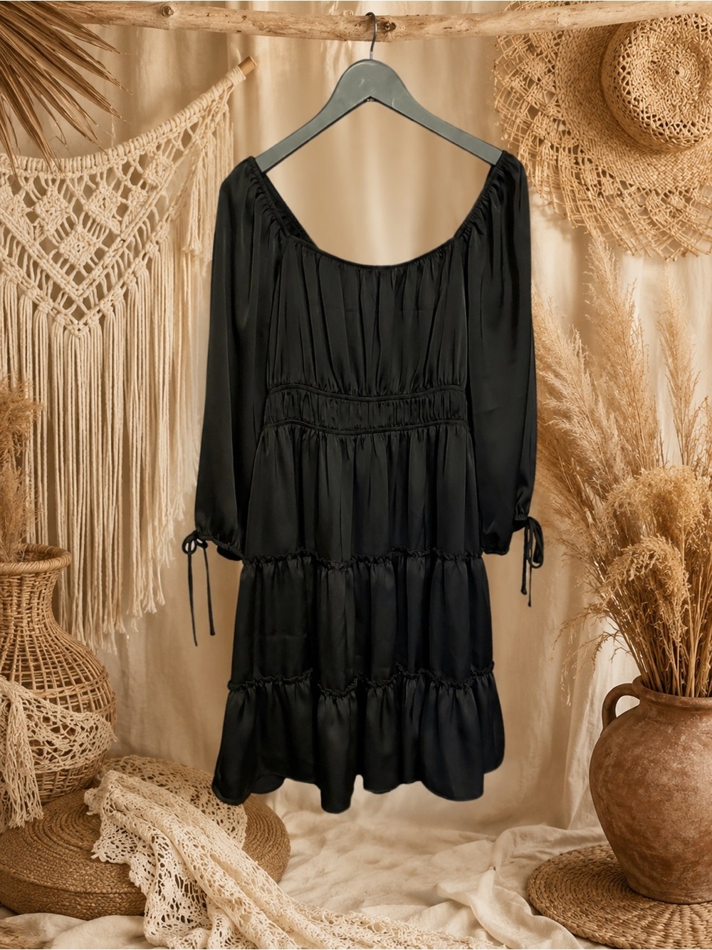 Like New Altar’d State ARULA Black Satin Finish Long-Sleeve Tiered Dress Size A